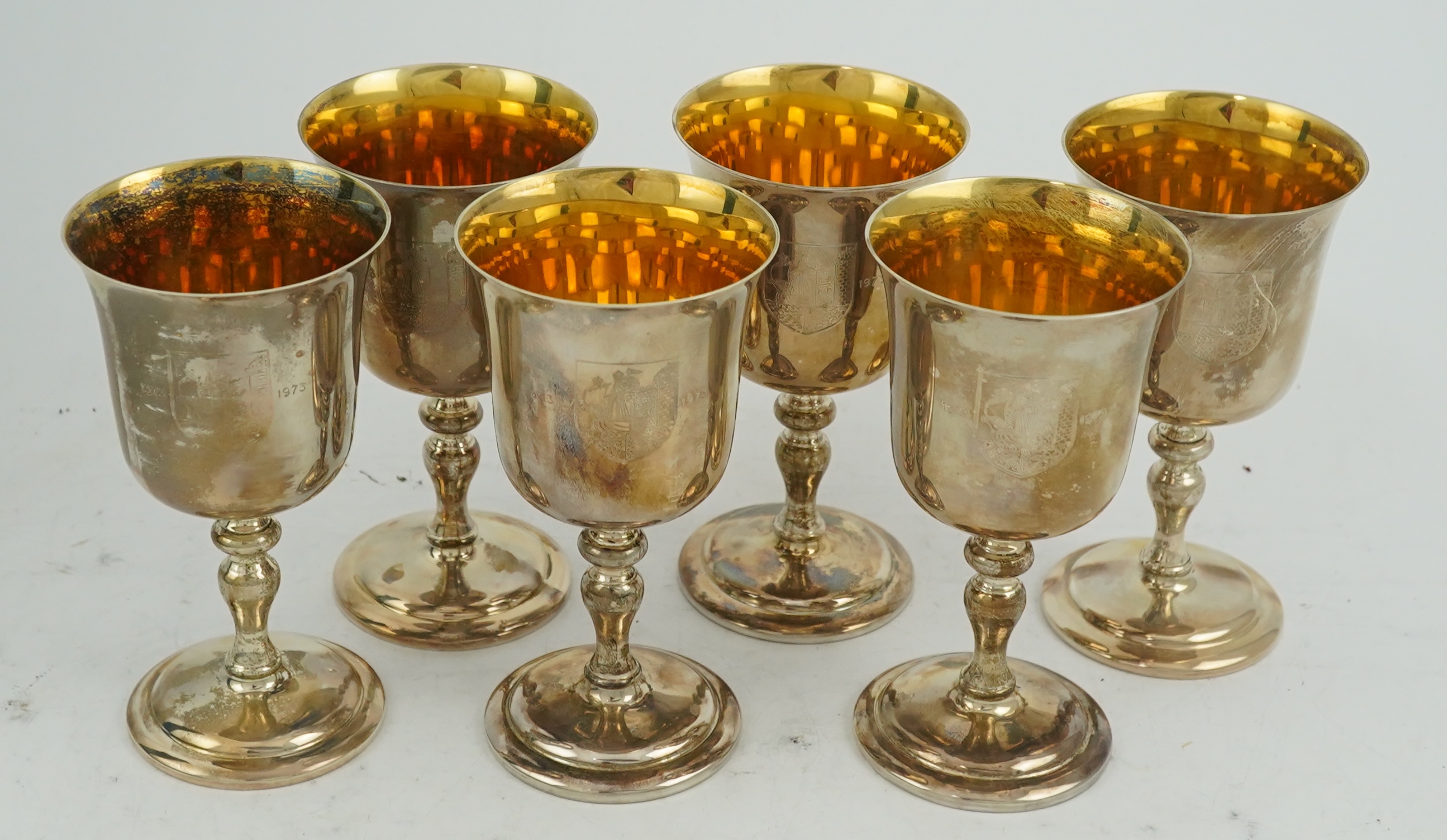 A cased set of six limited edition Elizabeth II silver Bristol Charter 600th Anniversary commemorative goblets by Barker Ellis Silver Co